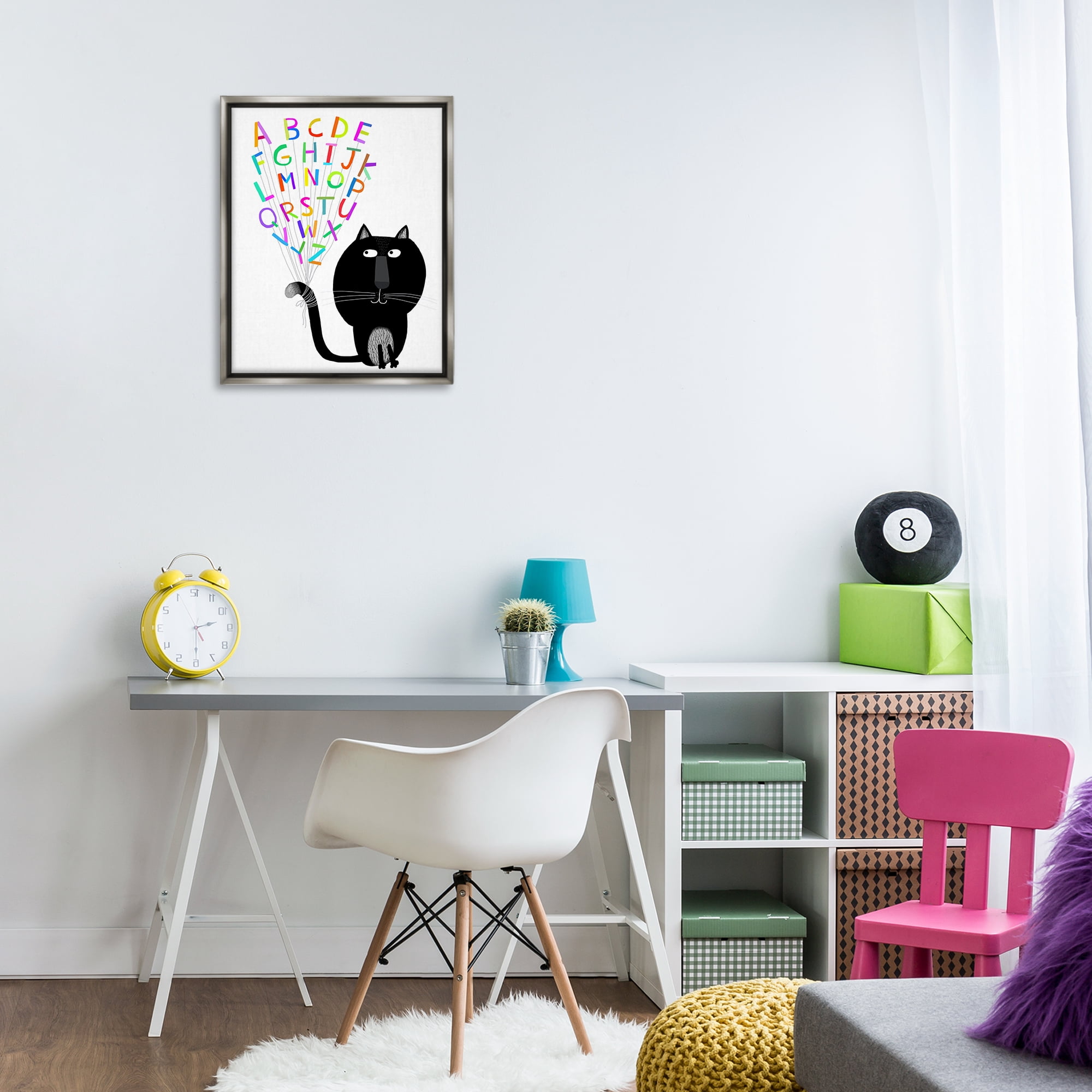 Stupell Industries Cat with Alphabet Animals & Insects Painting Gray Floater Framed Art Print Wall Art, 17 x 21