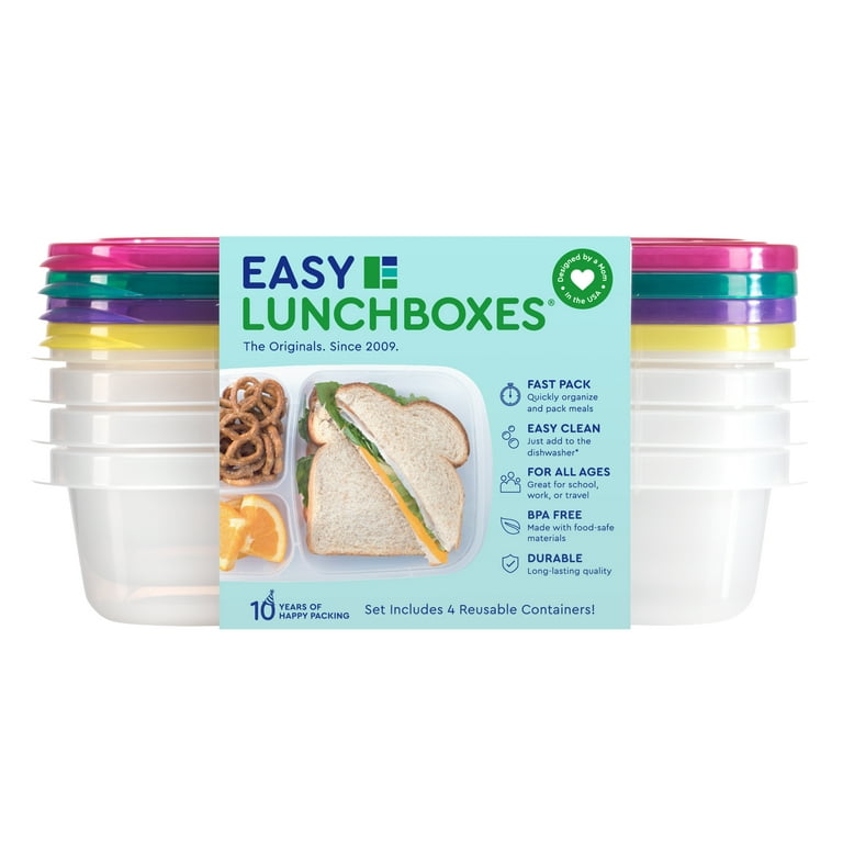 EasyLunchboxes - Bento Lunch Boxes - Reusable 3-Compartment Food Containers  for School, Work, and Travel, Set of 4, (Jewel Brights) 