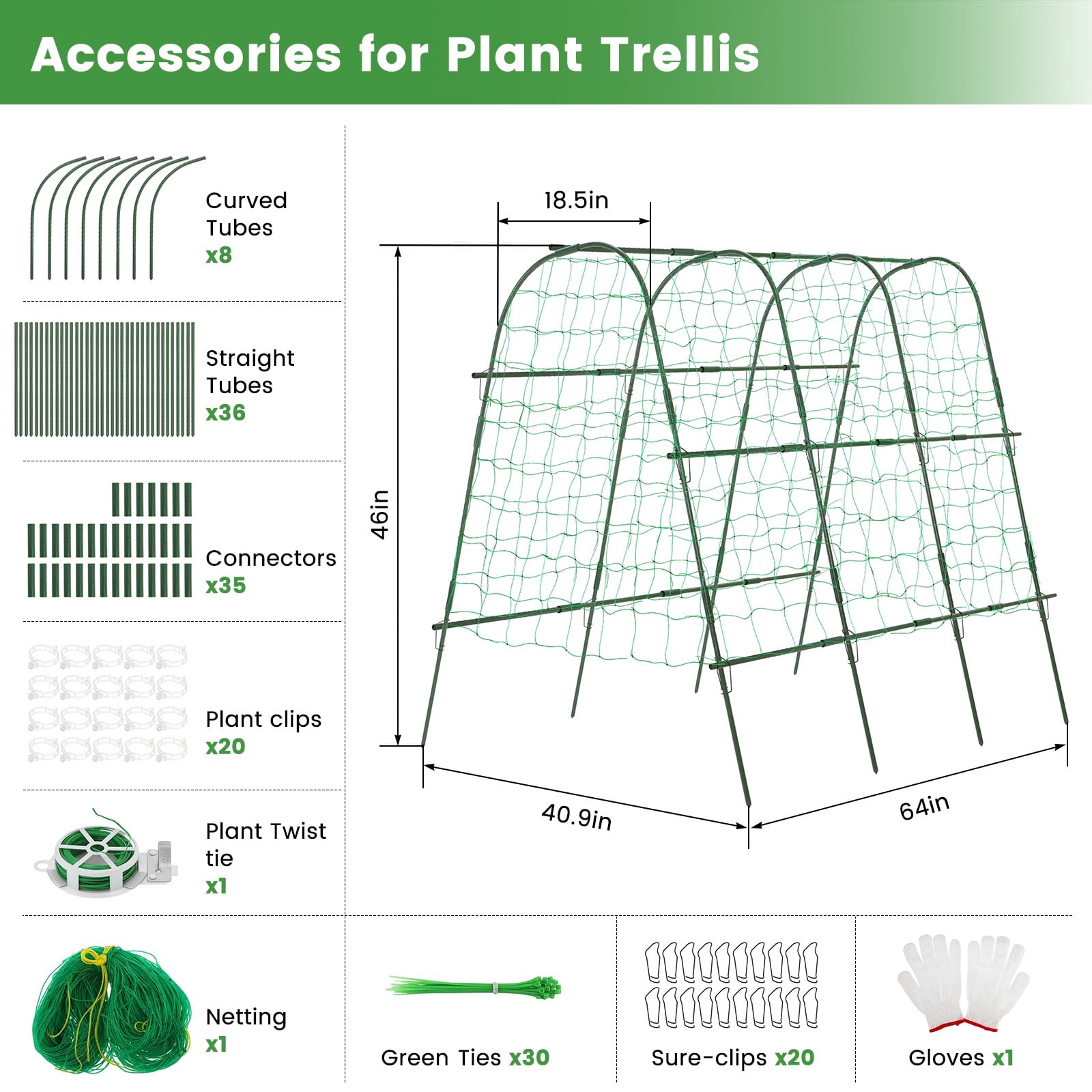 BEAMNOVA Garden Arch Trellis for Climbing Plants, 48"x63" Plants Support Trellis with Netting Kits for Outdoor Vegetable Fruits Flowers, Vine, Grape, Cucumber Climbing