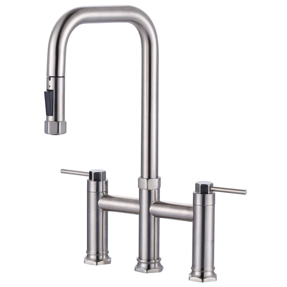 Wowow 17-Inch Double Handle Bridge Kitchen Faucet with Pull Down Sprayer and Supply Lines in Brushed Nickel