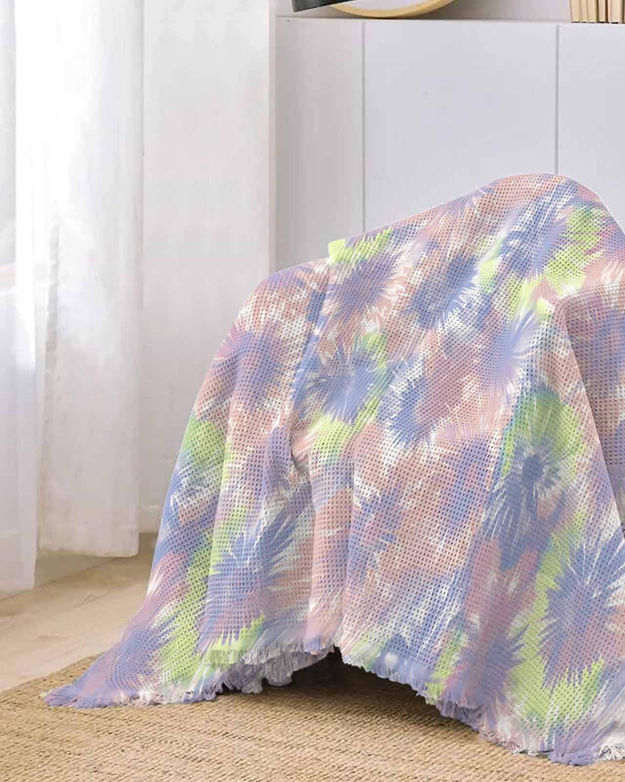 Navy Blue Tie Dye Sofa Couch Covers for Dog,Washable Sofa Throw Cover Single Slipcoverfor Armchair with Tassels,Rainbow Stained Abstract Boho Tribal Art Couch Protector Towel Blanket Medium 71x91