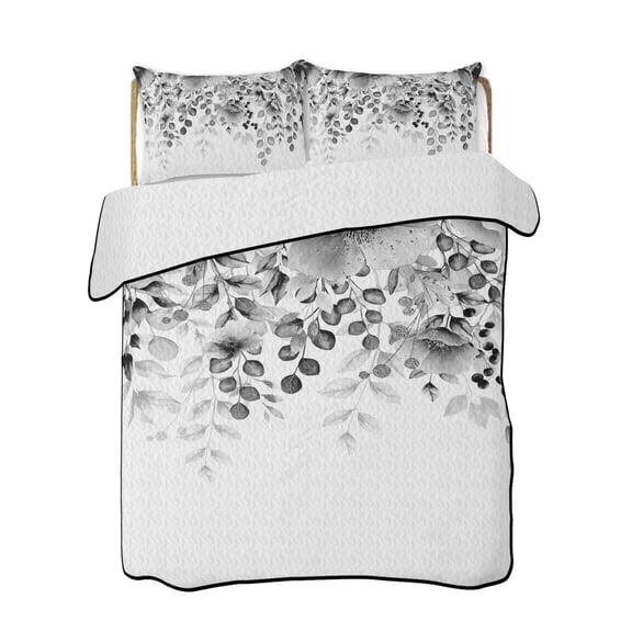 Full Size Quilt Bedding Set, Grey Tulip Eucalyptus Reversible Summer Quilt 3 Pieces, Spring Summer Botanical Floral Chic Lightweight Bedspreads Coverlets with 2 Pillow Shams for All Seasons