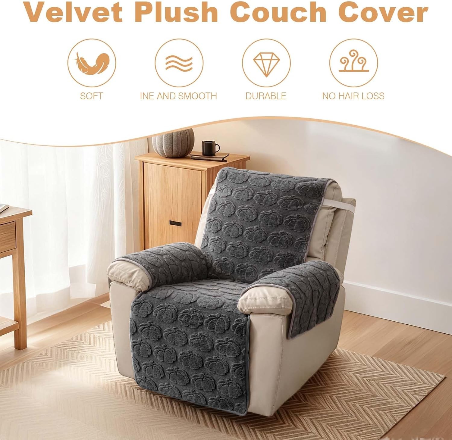 TOPCHANCES Plush Recliner Chair Cover, Faux Rabbit Fur 1-Seater Sofa Cover, Washable Armchair Protector with Adjustable Elastic Belt for 23 Inches Recliner (Gray)