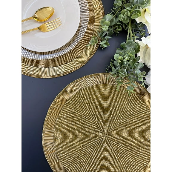 Set of 6, Handmade bead placemat, Golden living room table decoration, beaded tablemat