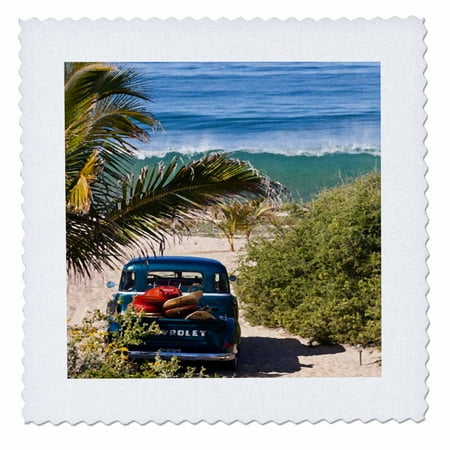 Woody Surfboard - 3dRose Classic Woody with surfboards on a tropical island beach - Quilt Square, 6 by 6-inch