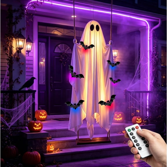 Halloween Decorations Outdoor - Large Hanging Swing Ghost Halloween Decor with String Lights - 3D Lighted Bat Spooky Cute Ghosts Decorations Light up Ghost with Scary Ghost Party