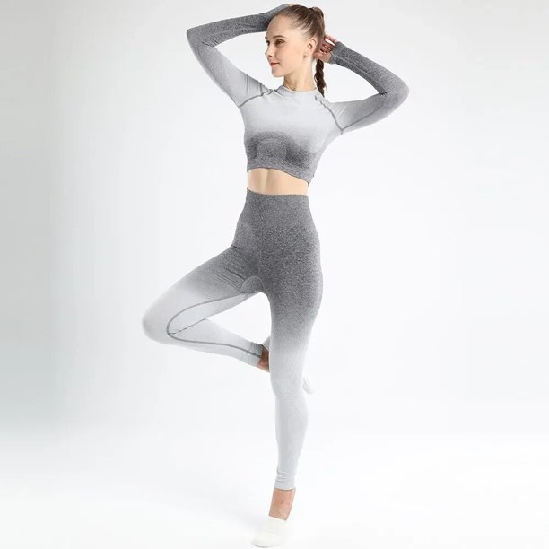 Conjunto de mallas de gimnasio para mujer, ropa deportiva de entrenamiento de cintura alta, traje de yoga, chándal de dos piezas acanalado gradual sin costuras