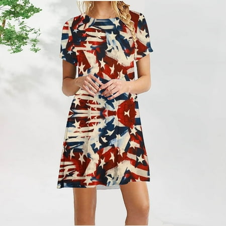 

Hvyesh Womens Summer Dresses 2023 Casual Beach Midi Dress American Flag Pattern Crew Neck Sundresses Short Sleeve Breezy Dresses Red
