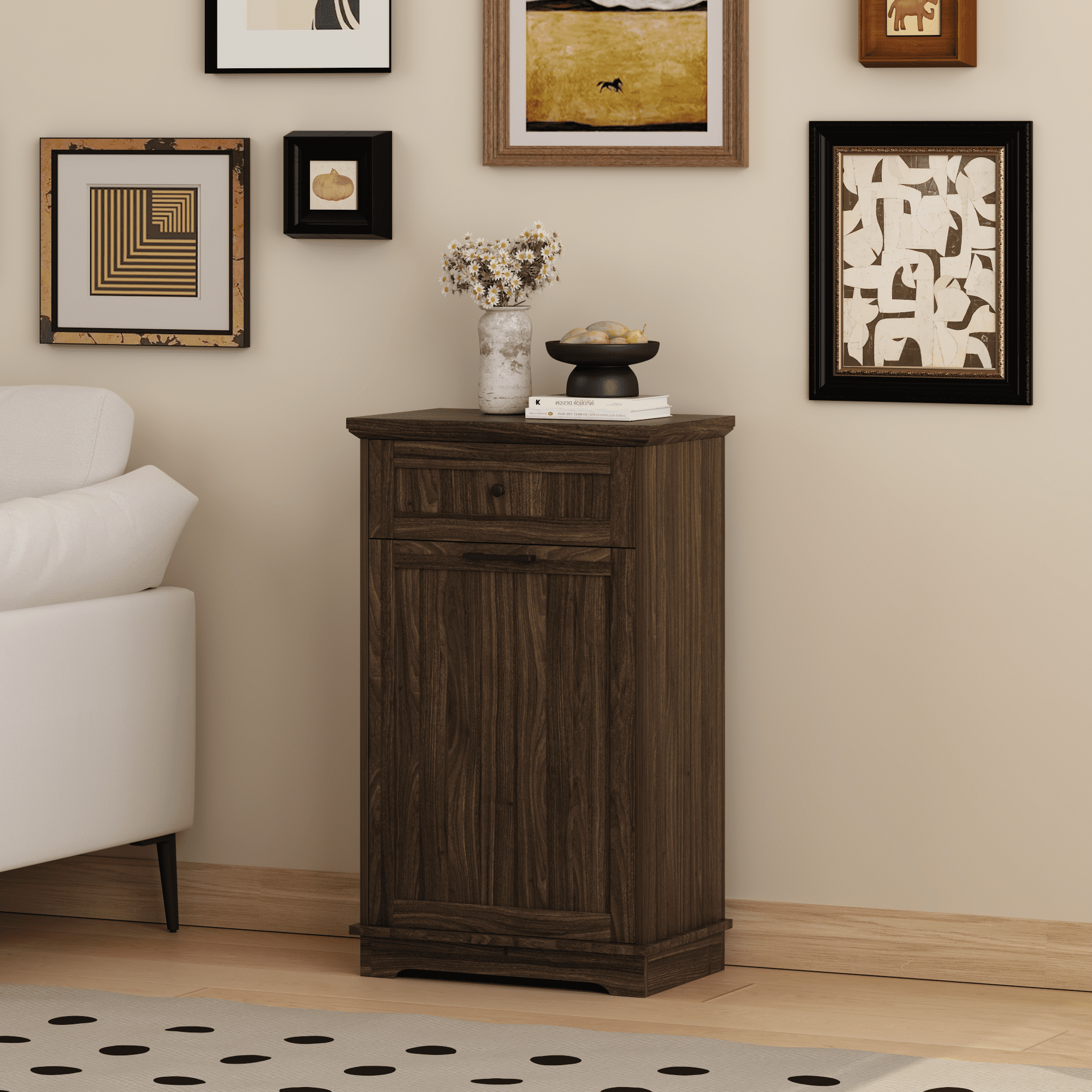 Tilt Out Trash Cabinet, 10 Gallon, Freestanding Wood Garbage Recycling Cabinet with Hideaway Drawer, Pet Proof Trash Can Holder for Kitchen Living Room (Trash Can Not Included)