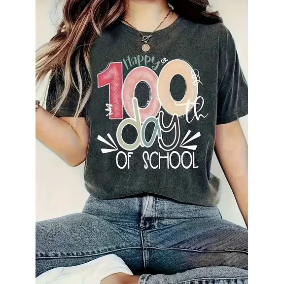 100th Day of School Teacher Women Casual Short Sleeve Graphic T-Shirt