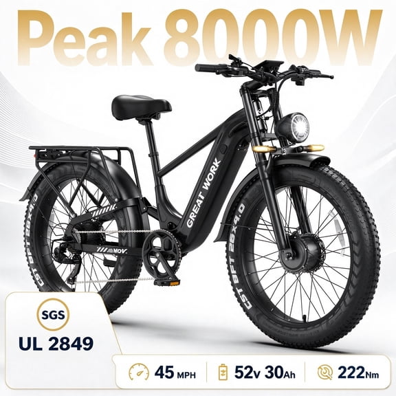 Dual Motor Bike for Adults - Peak 8000W 52V 30AH Battery Up to 45MPH 100 Miles, 26" x 4.0 Fat Tire Step-Over AWD 7-Speed Hydraulic Brakes UL2849