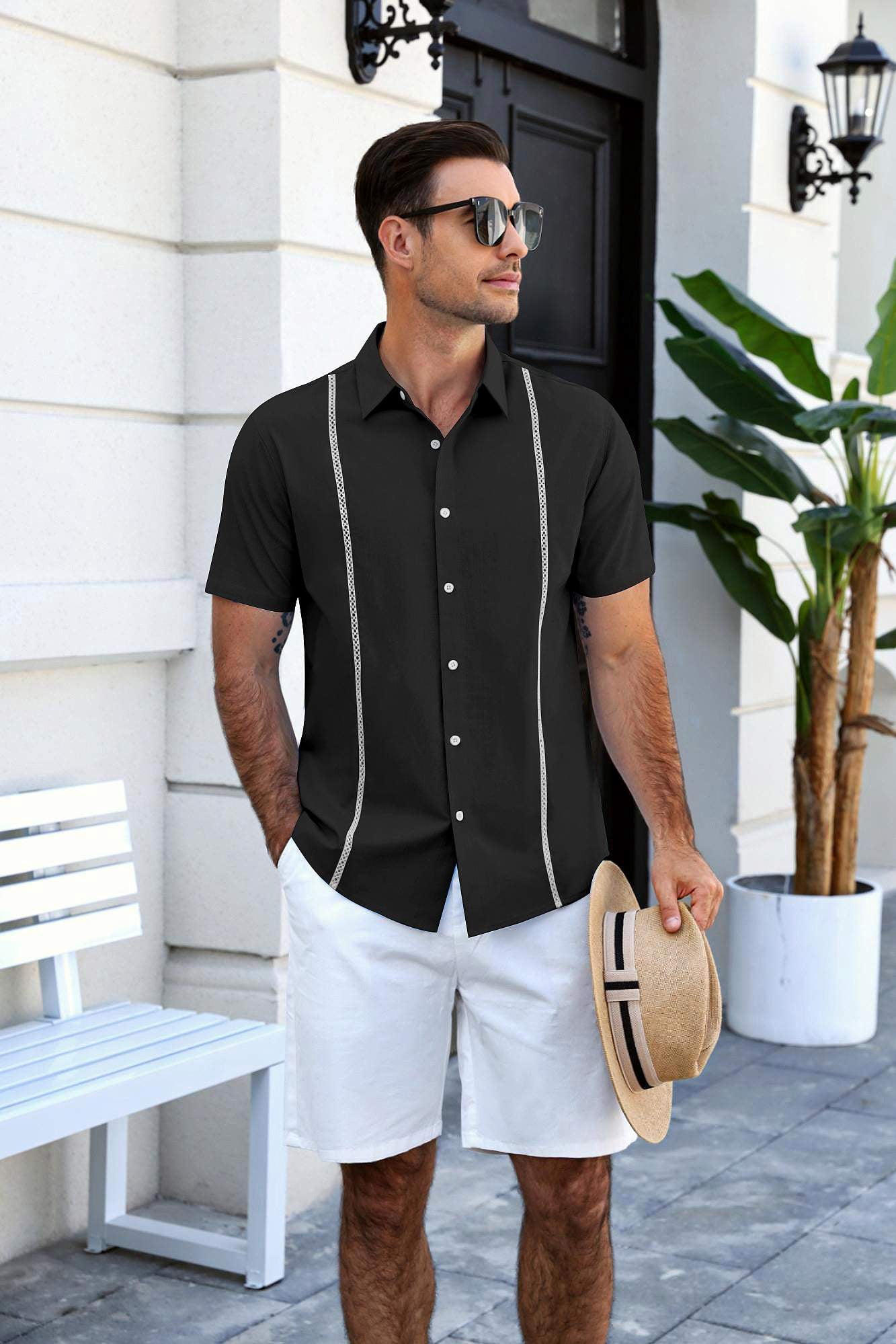 COOFANDY Men's Relaxed Fit Button-Up short Shirt with Decorative Stripes - Casual and Office Wear