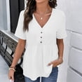 thumbnail image 2 of Womens Short Sleeve Babydoll Tops Solid Color Cotton Linen V Neck Tunic Shirts for Women 2026 Summer Ruffled Hem Blouses White 2XL, 2 of 6