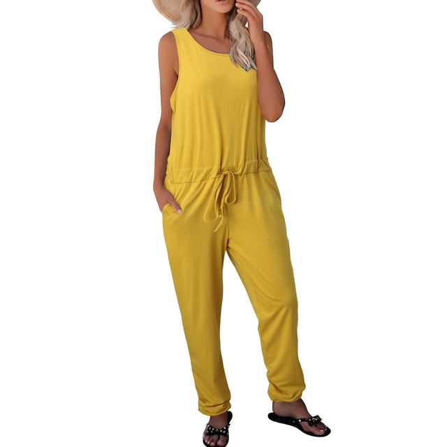 HBFAGFB Rompers for Women 2024 Spring and Summer Short Sleeved Wide Leg Pants Jumpsuit Yellow Size L