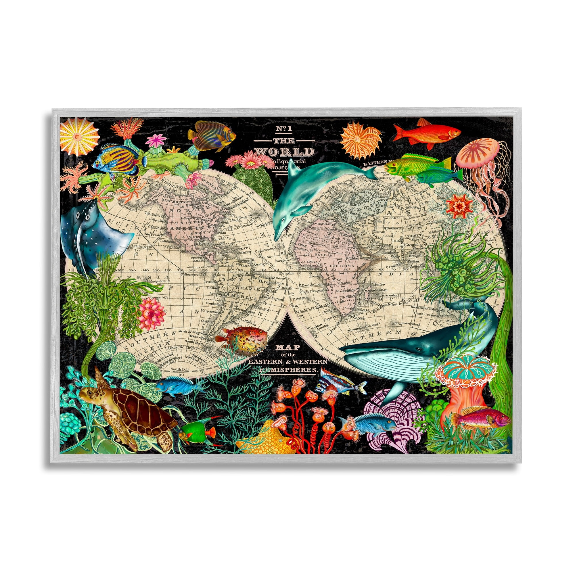 Stupell Industries Vintage World Hemisphere Map Vibrant Marine Animal Illustrations, 14 x 11,Design by Sangita Bachelet