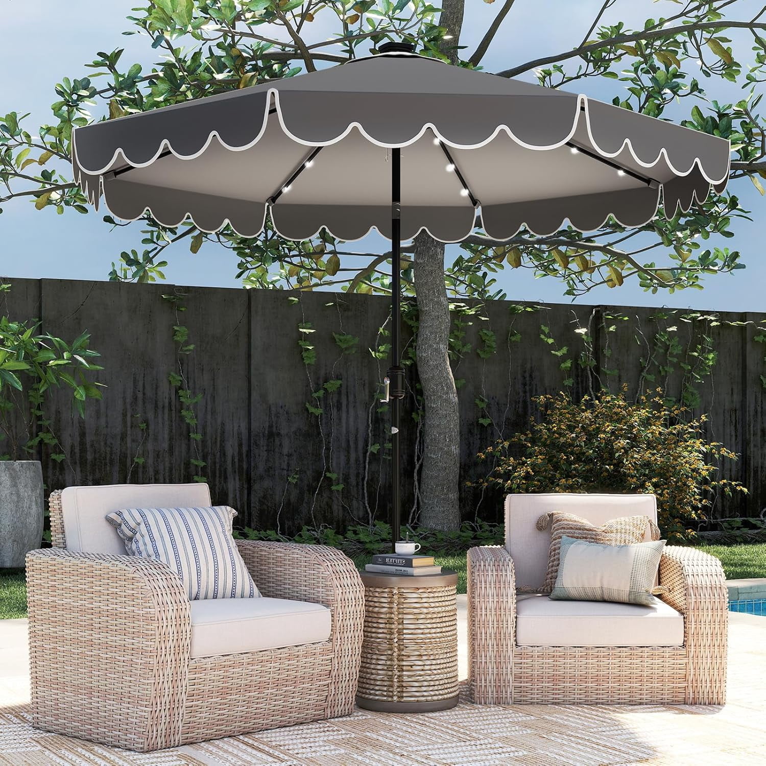 ZYPPP 10FT Solar LED Patio Umbrella, 2-Tiers Scalloped Outdoor Table Market Umbrella with 24 LED Lights, Vented Top, Tilt Adjustment, Crank, 8 Ribs for Backyard Poolside Deck Beach Lawn (Gray)