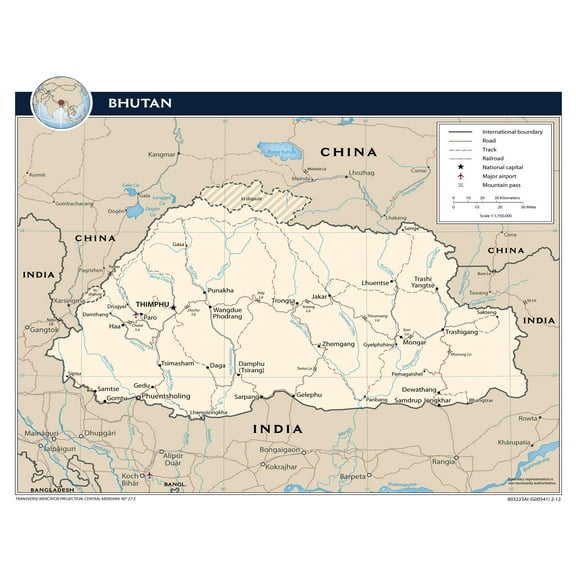 Palmetto Posters 24x31 Laminated Poster: Large detailed political map of bhutan with roads railroads major cities and airports