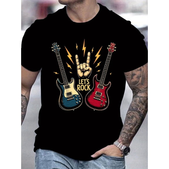 Men'S 100% Cotton Crew Neck T-Shirt - "Let'S Rock" Guitar Graphic, Breathable & Sweat Absorbent, Soft Comfort Fit for Summer Casual Wear, Loose Fit Tee | Vibrant Graphic Tee | Soft Cotton Tee