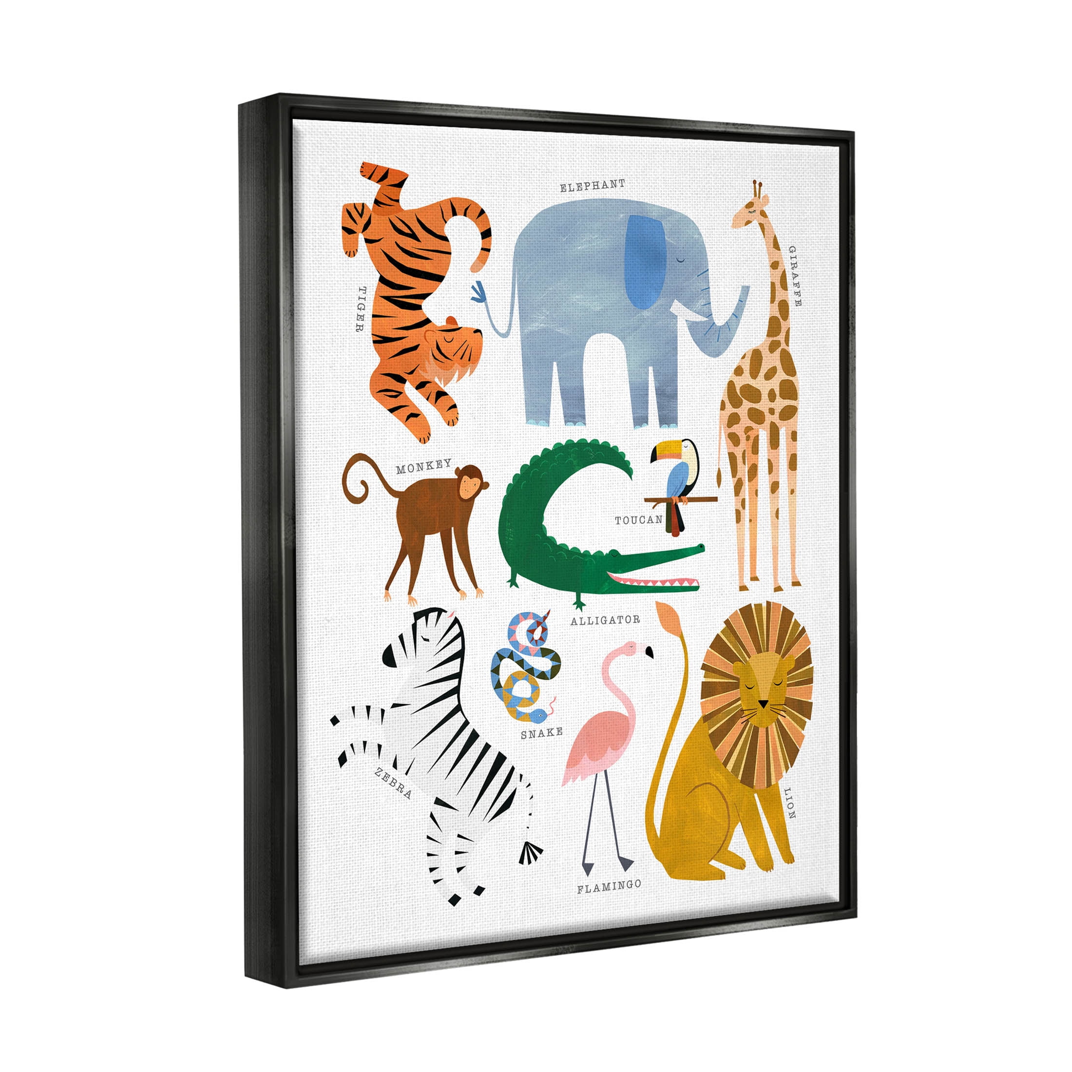Various Wildlife Jungle Animals Animals & Insects Graphic Art Jet Black Framed Art Print Wall Art