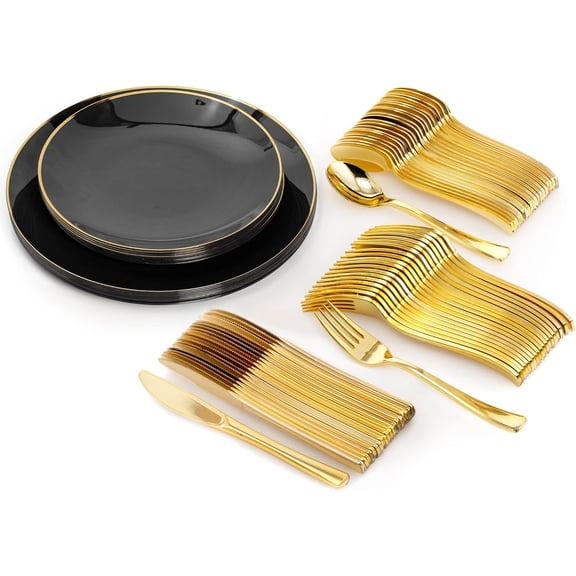 Trendables 200 CT Disposable Plate Set with Cutlery - Black - For 40 People - Silverware Set Includes Plates, Forks, Spoons, Knives