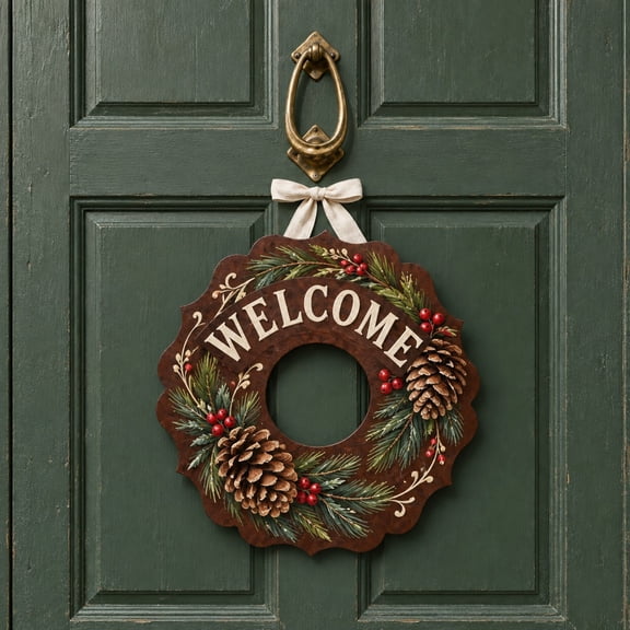 Christmas Wooden Door Sign, Pinecone and Evergreen Wreath Welcome Accent for Holiday Entryway