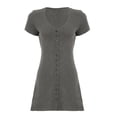 thumbnail image 5 of Women Deep V Neck Button Front Knit Mini Dress Elegant Short Sleeve Ribbed Flowy Hem A-Line Short Dress Gray S, 5 of 9