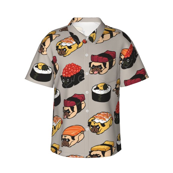 Sushi Pug Men'S 3d Print Casual Button Down Shirts, Novelty Hawaiian Short Sleeves Xl