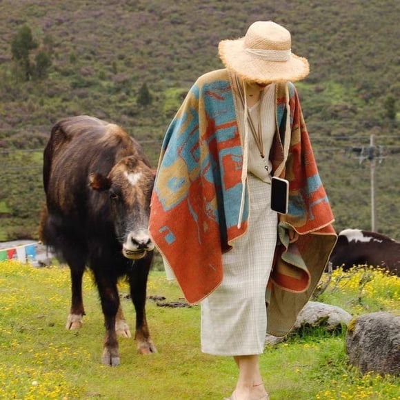 Nvzi Chales, ponchos abiertos al frente, suéteres de gran tamaño, cárdigans casuales, chales para otoño e invierno, geometría