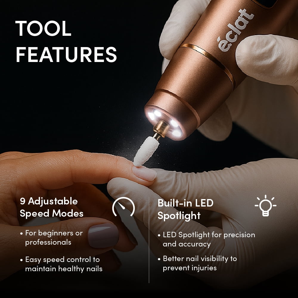 Éclat Cordless Nail Drill Electric File, Professional Efile for Acrylic, Gel, Dip Powder, Portable & Rechargeable Manicure Pedicure Tool Set with LED Light, 7 Drill Bits, Sanding Bands, Brush (White)