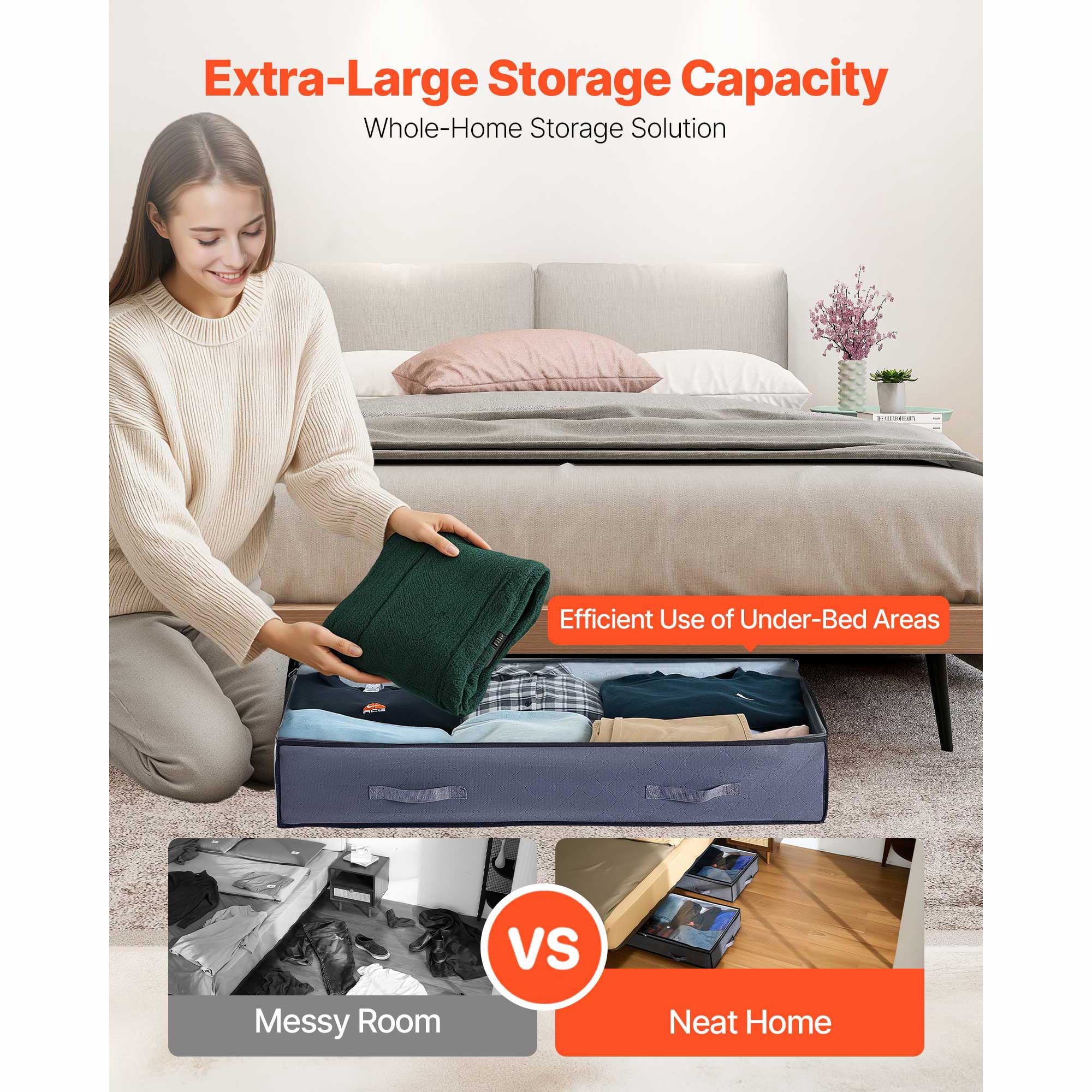 KFFKFF Under Bed Storage with Transparent Lids, 39.2 x 19.7 x 7.1 Inch, 90L Large Capacity Containers, Slim Underbed Drawer and Organizer for Shoes, Blankets, and Bedroom Essentials, Set of 4