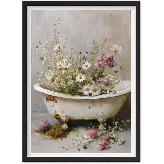 Wildflowers Bath Decor Neutral Wall Art Bathroom Print Botanical Bathtub Decor, Matte Canvas Stretched, Posters for Room Bedroom Living Room Bathroom Wall Decor, Posters & Art Prints, Gift.