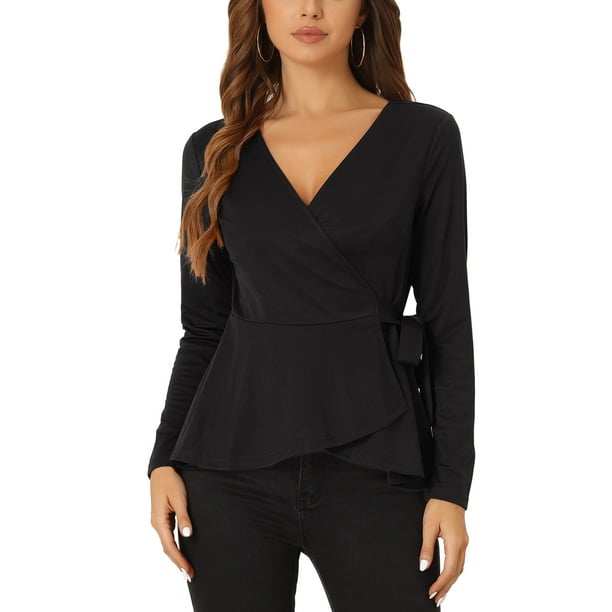 INSPIRE CHIC Blusas Peplum Envueltos para Mujeres Cuello en V Manga Larga Casual de Punto XS Negro
