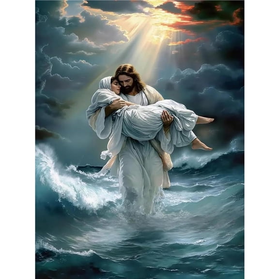 Jesus Carrying Believer Through Stormy Sea 5D Diamond Painting Kit, Full Drill DIY Diamond Art for Adults, Christian Religious Wall Art for Living Room, Ideal Gift for Faithful Believers