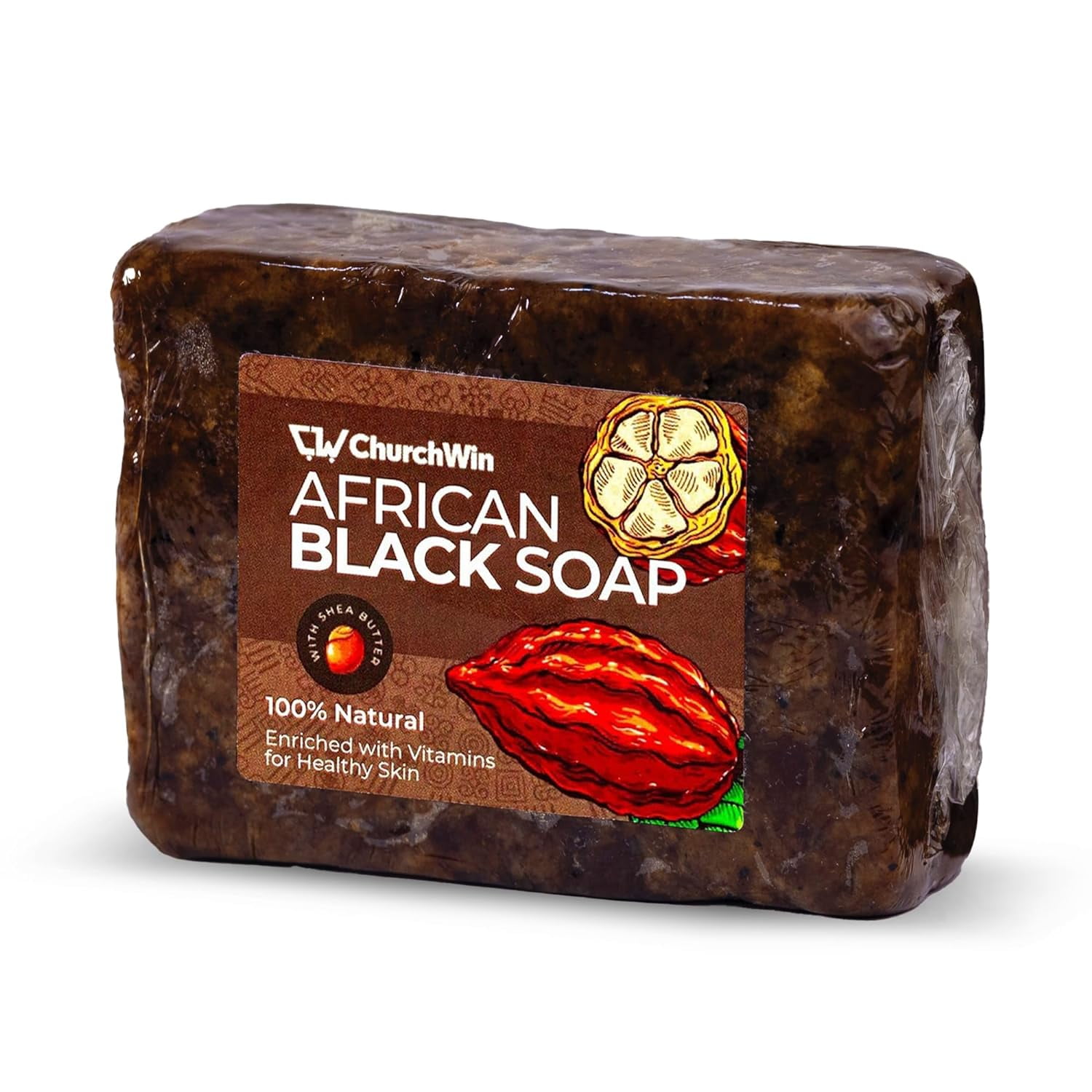 Churchwin Raw African Black Soap Bar with Shea Butter, Face and Body Wash, 5.2 oz