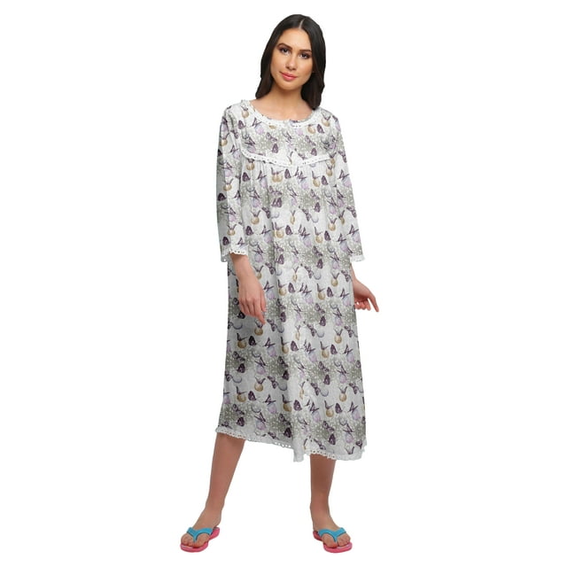 Moomaya Robe de Nuit Imprimée Longueur Genou en Coton avec Bordure en Dentelle Manches 3/4 pour Femmes