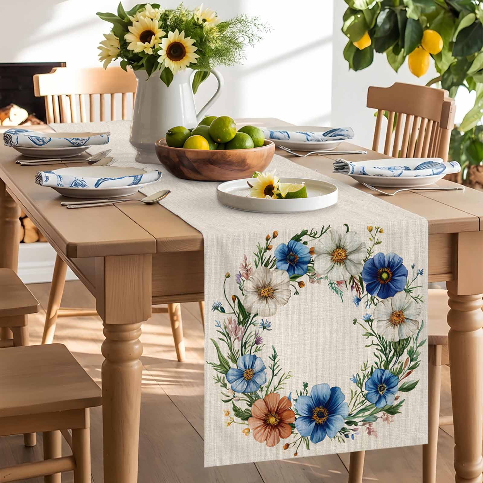 Watercolor Summer Flower Garland Table Runner 90 Inches Long, Beige Linen Background Table Runners Tabletop Scarf Kitchen Dining Tables Decoration for Home Party Indoor Outdoor