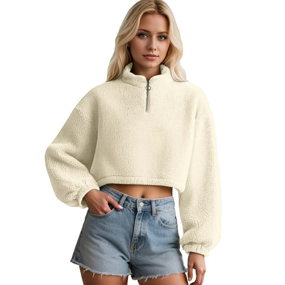 Ediodpoh Women's Zip up Half High Neck Long Sleeve Cropped Pullover Womens Sweatshirts Soft Warm Casual Winter Fall Spring Tops Outerwear Beige XL