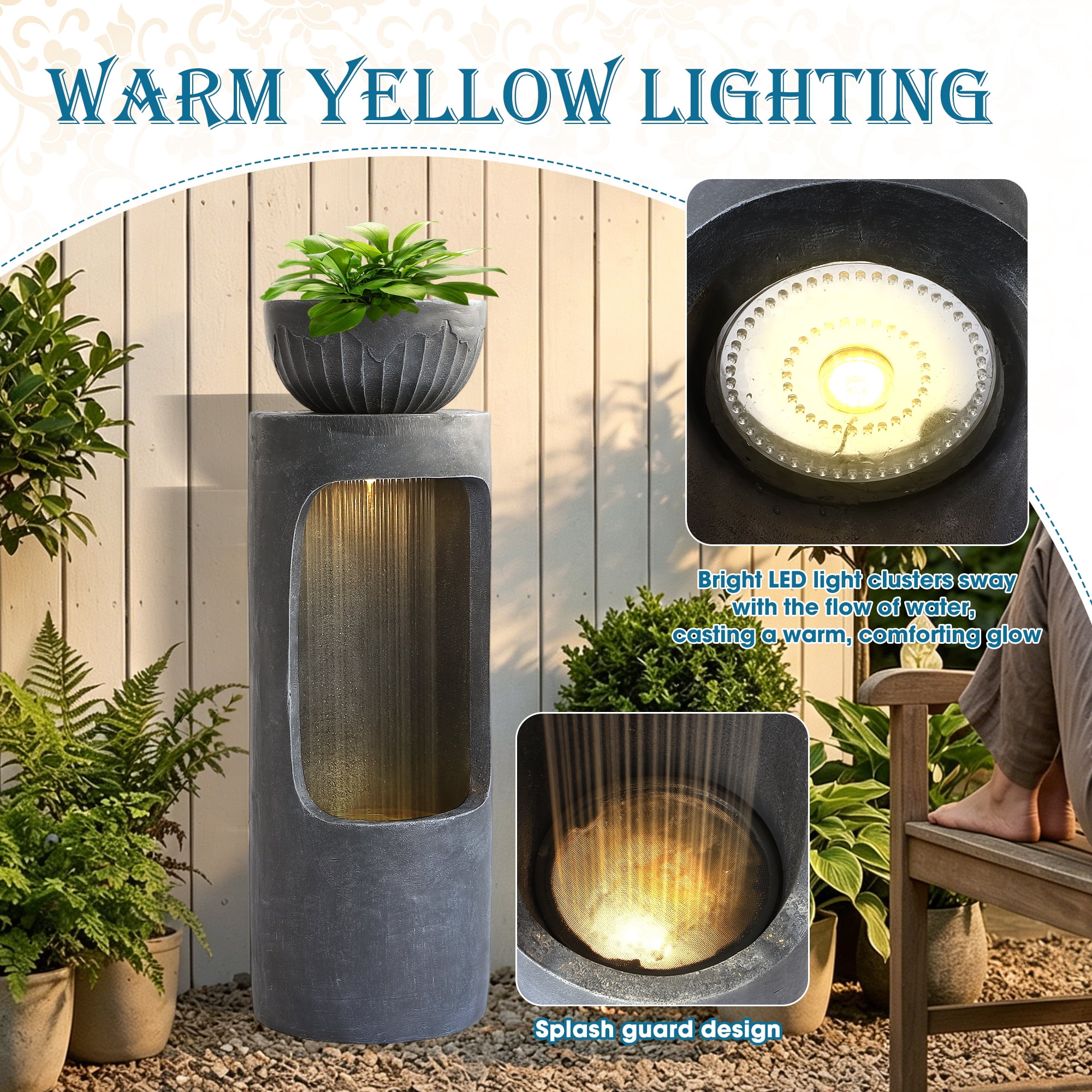 Haverchair 37.2''H Outdoor Water Fountain with LED Light, Large Column Garden Waterfall Foutains with Bird Feeder, Indoor Cascading Resin Water Feature w/Plant Pot for Patio, Porch and Home Decor