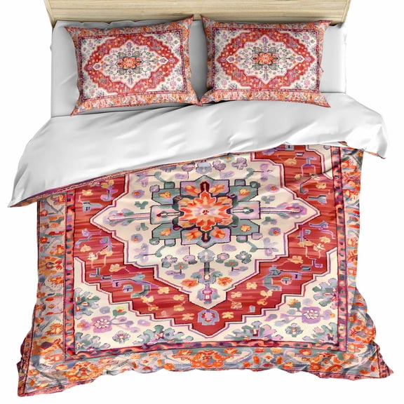 Orange Red Boho Bedding 3 Piece Duvet Cover Set Twin Size, Vintage Flower Tribal Distressed Printed Soft Microfiber Comforter Cover with Zipper Closure & Pillowcases, FadeResistant Quilt Cover