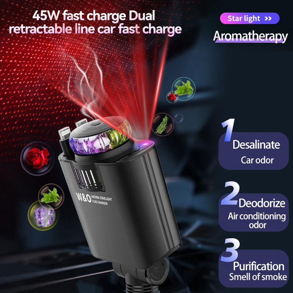 Retractable Car Charger with Aromatherapy and Starlight, 5 in 1 USB C Car Charger for iPhone 16 15 14 13 12 11, Fast Charging Compatible with iPhone Android