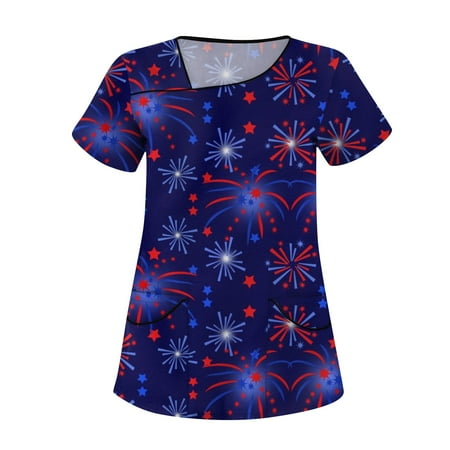 YDKZYMD 4th Of July Women s Scrub Tops Independence Day Patriotic Day Tee Tops Usa Stars Stripes Graphic with Pockets V Neck Short Sleeve Shirts Medical Nurse Uniform Plus Size Scrubs Dark Purple L