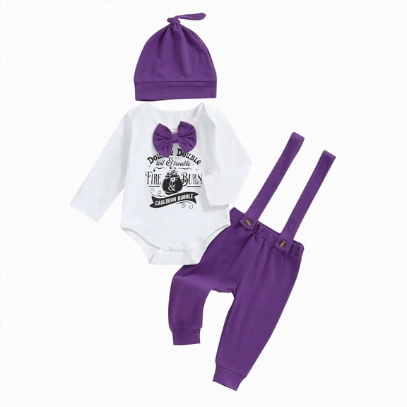 NOLDARES My 1st Halloween Baby Boy Outfit Long Sleeve Bowtie Romper Suspender Pants with Hat 3 Piece Fall Clothes Sets(Purple,12-18 M)
