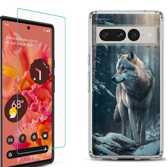 Shockproof Bumper Phone Case for Google Pixel 7, with Tempered Glass Screen Protector, by OneToughShield ® - Wolf Winter