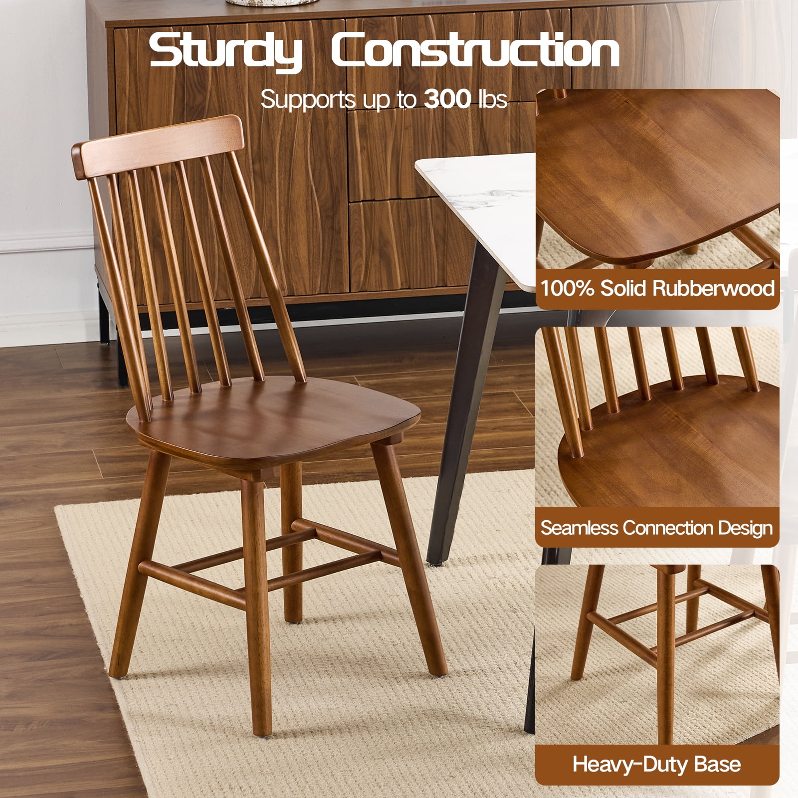 Farmhouse Wooden Dining Chairs Set of 4, Windsor Spindle Back Chair for Kitchen & Dining Room, Walnut