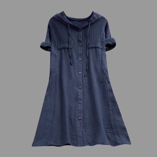 Pisexur Robe à Manches Courtes à Col Rond Mode Femmes Robe à Capuche Unie à Manches Courtes Robes Mini à Boutons pour Dames Chemisiers pour Femmes