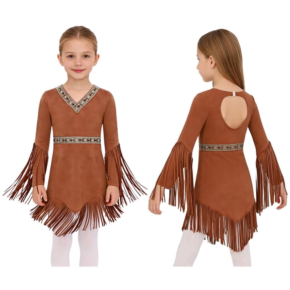 Aislor Girls Inspired Fringe Dress V Neck Long Sleeve Maiden Princess Dress Umber 8