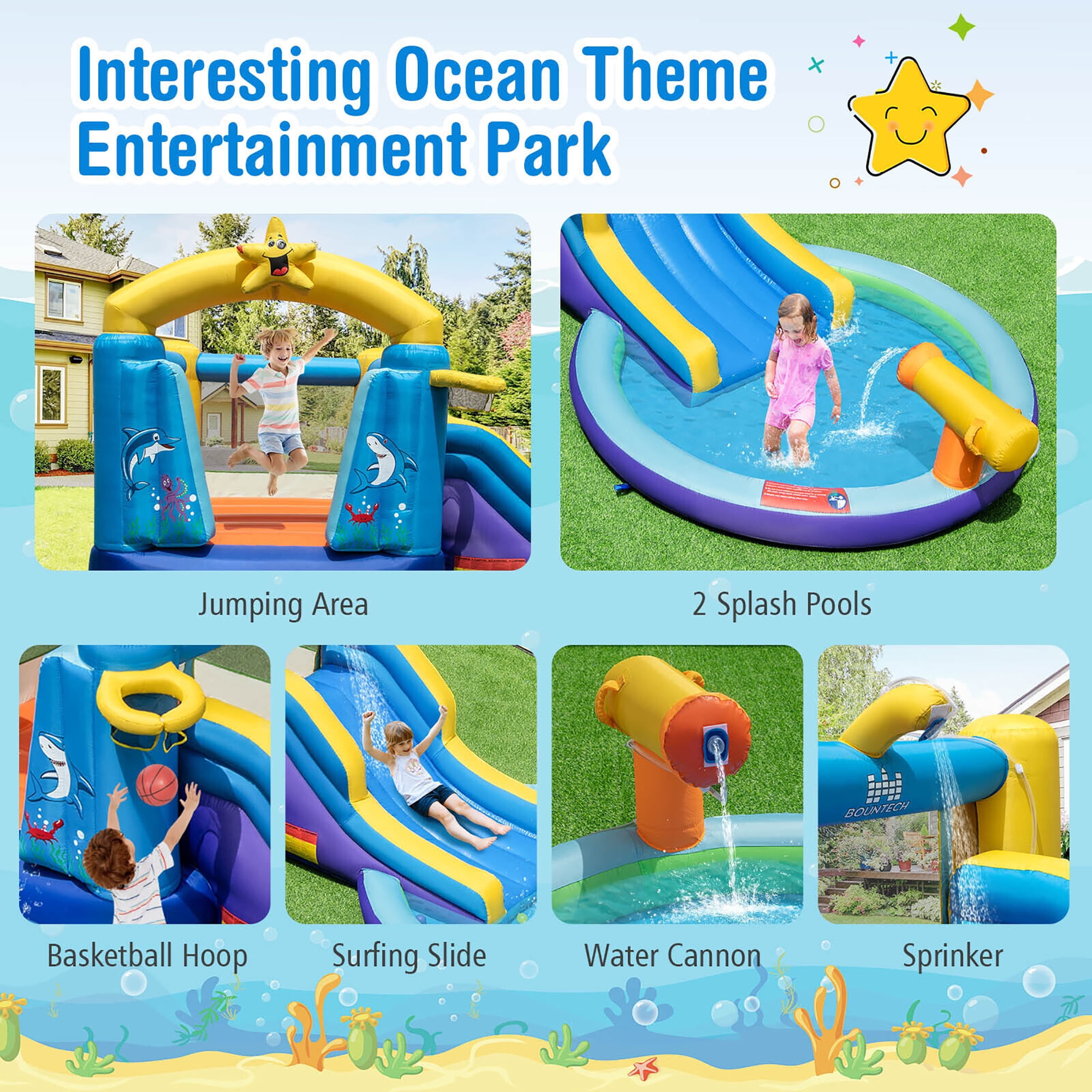 Gymax Kids Inflatable Water Slide Park Bounce Castle w/ 50 Ocean Balls & 735W Blower