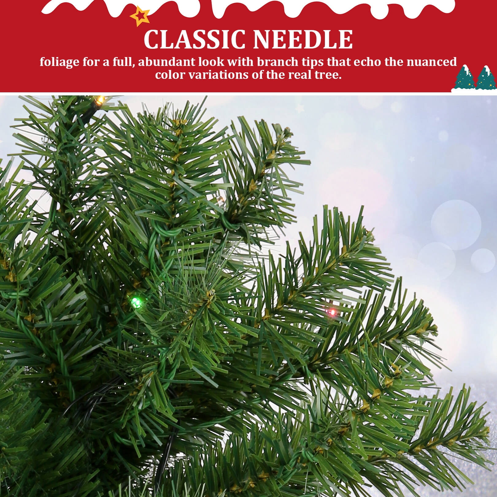 Funcid 6ft Pre-Lit Green Artificial Christmas Tree with 250 Colorful LED Lights and 1477 Branch Tips, Hinged Full Christmas Tree w/ Foldable Metal Stand, 8 Light Sequences for Home Holiday Decoration