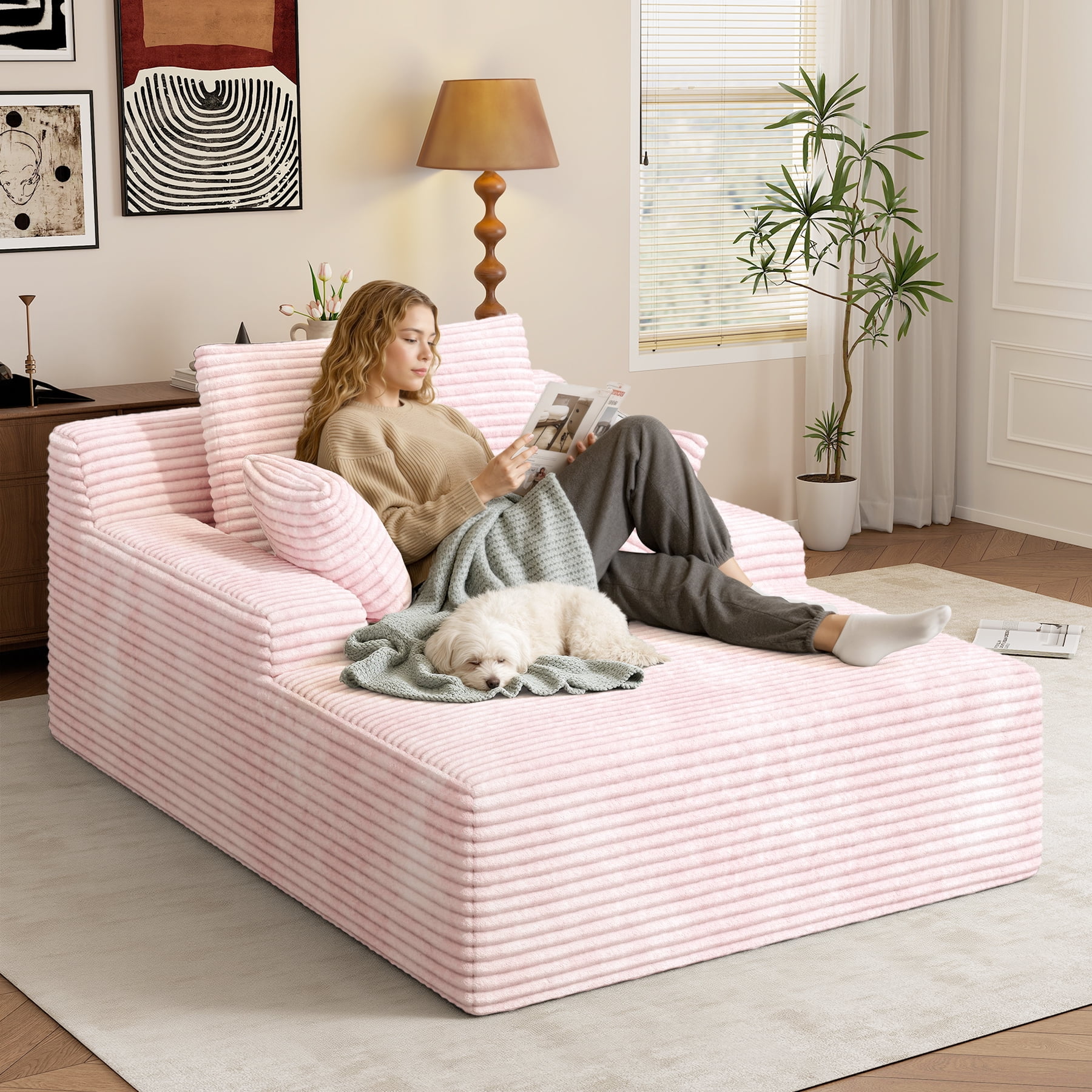 Daluvenix 51 Inch Chaise Lounge Chair Indoor Oversized Corduroy Upholstered Boneless Sofa Bed Deep Seat Sleeper Couch Reading Chairs Cloud Sofas Couches for Living Room
