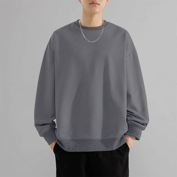 PNTUTB Mens Solid Color Long Sleeve Crewneck Top Casual Loose Hoodless Pullover Comfort Sweatshirt